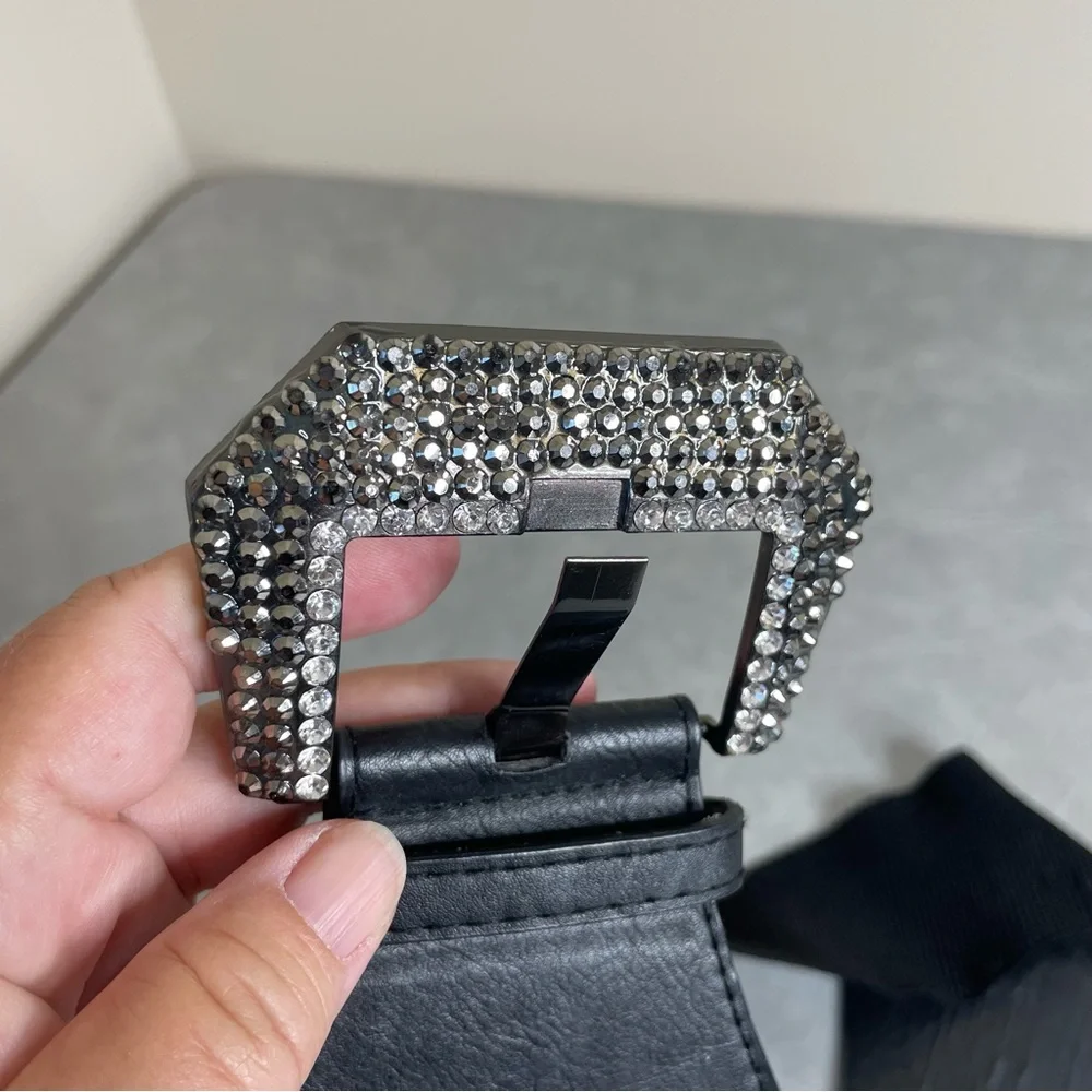 Wide Black Rhinestone Buckle Belt